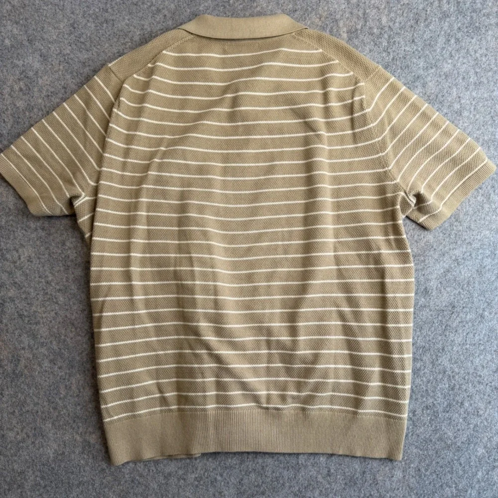 Mens Tan Knit Polo Shirt L Cream Striped Short Sleeve Cotton Minimalist Coastal